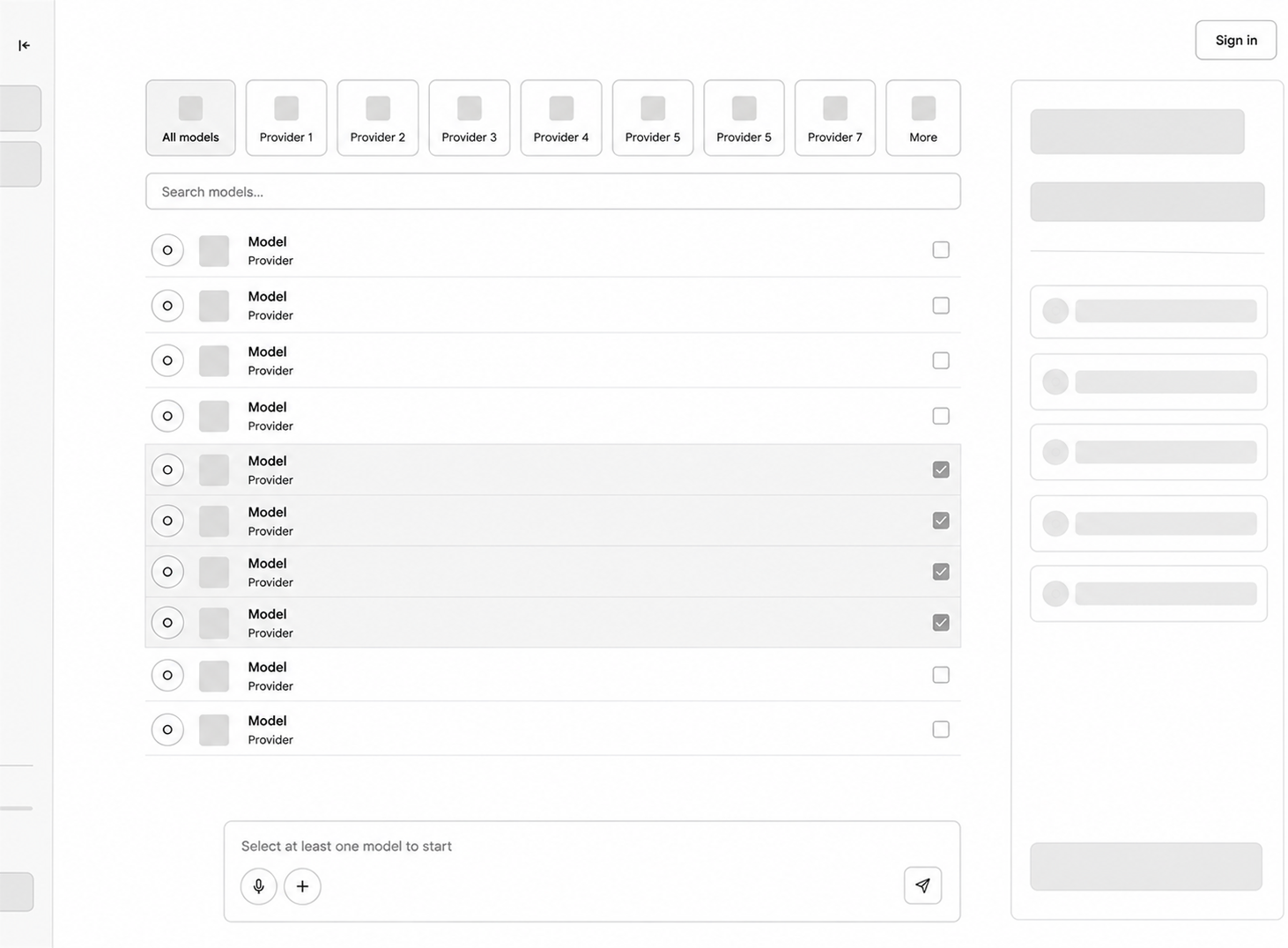 Model selection screen with provider tabs and empty configuration state