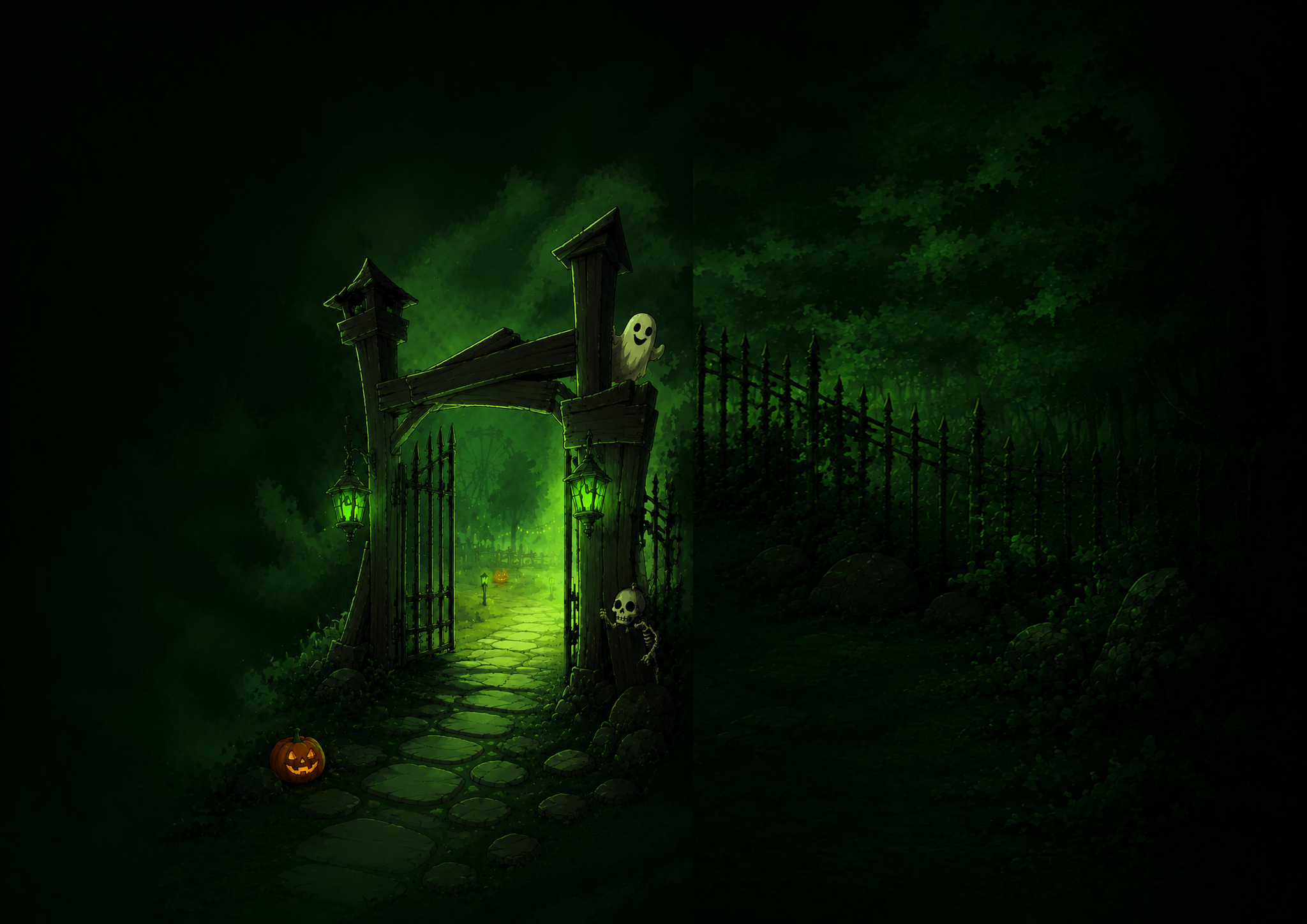 Illustrated entrance to the Under the Castle digital experience, illuminated by green light